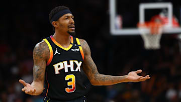 Apr 9, 2025; Phoenix, Arizona, USA; Phoenix Suns guard Bradley Beal (3) reacts against the Oklahoma City Thunderduring the first half at Footprint Center. Mandatory Credit: Mark J. Rebilas-Imagn Images