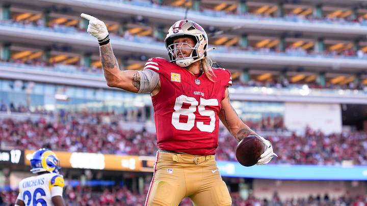 Nov 9, 2025; Santa Clara, California, USA; San Francisco 49ers tight end George Kittle (85) celebrates after getting a first down during the second quarter against the Los Angeles Rams at Levi's Stadium. Mandatory Credit: Kyle Terada-Imagn Images