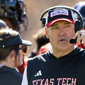 Oct 18, 2025; Tempe, Arizona, USA; Texas Tech Red Raiders head coach Joey McGuire against the Arizona State Sun Devils in the first half at Mountain America Stadium. 