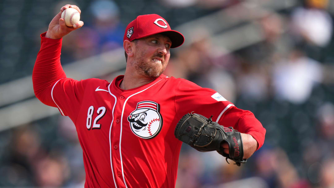 Cincinnati Reds pitcher Brooks Kriske delivers a pitch in the sixth inning during a MLB spring training baseball game, Saturday, Feb. 24, 2024, at Goodyear Ballpark in Goodyear, Ariz.