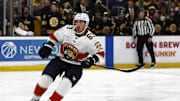 Oct 21, 2025; Boston, Massachusetts, USA; Florida Panthers left wing Brad Marchand (63) skates against the Boston Bruins during the first period at TD Garden. Mandatory Credit: Winslow Townson-Imagn Images