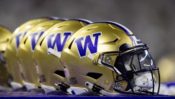 Jan 8, 2024; Houston, TX, USA; Detailed view of Washington Huskies helmet during the 2024 College Football Playoff national championship game at NRG Stadium. Mandatory Credit: Mark J. Rebilas-Imagn Images