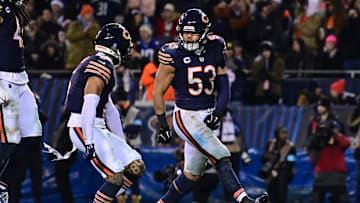Dec 26, 2024; Chicago, Illinois, USA; Chicago Bears linebacker T.J. Edwards (53) and cornerback Kyler Gordon (6) celebrate a defensive stop against the Seattle Seahawks during the fourth quarter at Soldier Field. Mandatory Credit: Daniel Bartel-Imagn Images