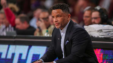Dec 3, 2025; Atlanta, Georgia, USA; Georgia Tech Yellow Jackets head coach Damon Stoudamire on the sideline against the Mississippi State Bulldogs in the first half at McCamish Pavilion. Mandatory Credit: Brett Davis-Imagn Images
