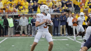 Sep 7, 2024; Ann Arbor, Michigan, USA; Texas Longhorns quarterback Quinn Ewers (3) passes in the second half against the Michigan Wolverines at Michigan Stadium. Mandatory Credit: Rick Osentoski-Imagn Images