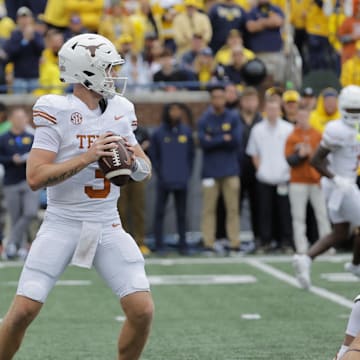 Sep 7, 2024; Ann Arbor, Michigan, USA; Texas Longhorns quarterback Quinn Ewers (3) passes in the second half against the Michigan Wolverines at Michigan Stadium. Mandatory Credit: Rick Osentoski-Imagn Images