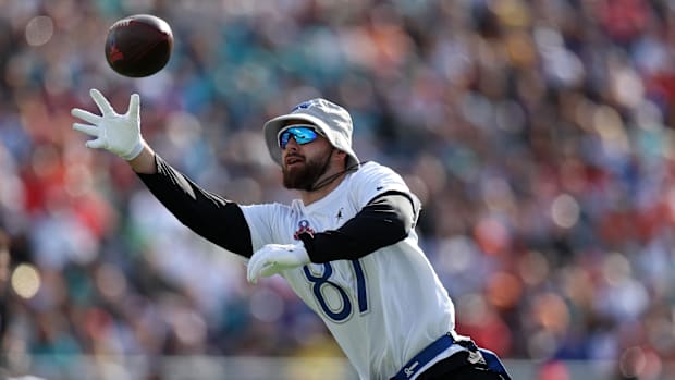 NFC tight end Jake Ferguson of the Dallas Cowboys makes a catch during the 2024 Pro Bowl at Camping World Stadium.