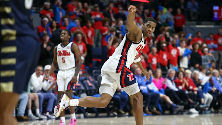 Nov 21, 2024; Oxford, Mississippi, USA; Mississippi Rebels guard Matthew Murrell (11) reacts after a basket during the second half against the Oral Roberts Golden Eagles at The Sandy and John Black Pavilion at Ole Miss. Mandatory Credit: Petre Thomas-Imagn Images