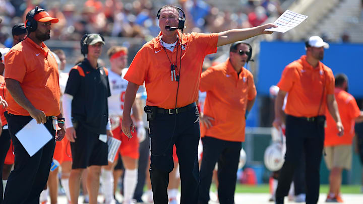 Bowling Green Falcons head coach Scot Loeffler reacts to the officials during a game against UCLA at the Rose Bowl. 