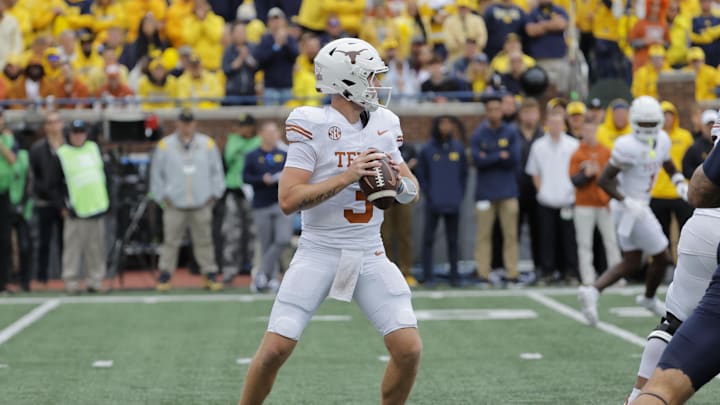 Sep 7, 2024; Ann Arbor, Michigan, USA; Texas Longhorns quarterback Quinn Ewers (3) passes in the second half against the Michigan Wolverines at Michigan Stadium. Mandatory Credit: Rick Osentoski-Imagn Images