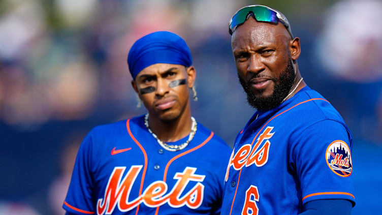 Mar 26, 2023; Port St. Lucie, Florida, USA; New York Mets right fielder Starling Marte (6) talks