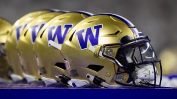 Jan 8, 2024; Houston, TX, USA; Detailed view of Washington Huskies helmet during the 2024 College Football Playoff national championship game at NRG Stadium. Mandatory Credit: Mark J. Rebilas-USA TODAY Sports