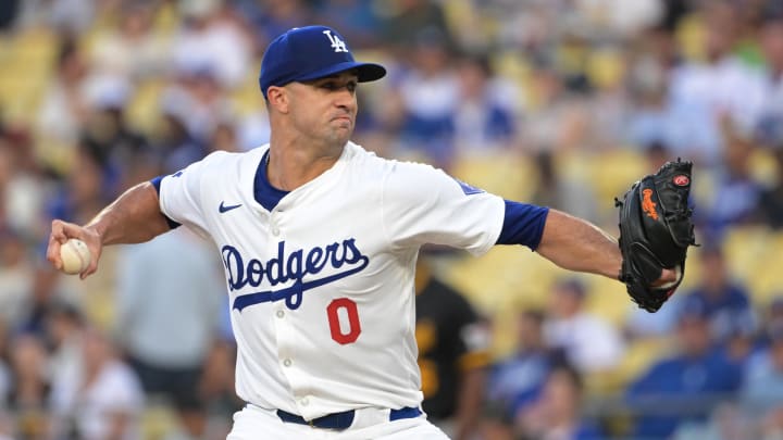 Aug 9, 2024; Los Angeles, California, USA;  Los Angeles Dodgers starting pitcher Jack Flaherty (0) delivers to the plate in the first inning against the Pittsburgh Pirates at Dodger Stadium. Mandatory Credit: Jayne Kamin-Oncea-USA TODAY Sports