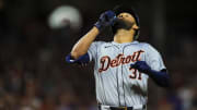 Jul 5, 2024; Cincinnati, Ohio, USA; Detroit Tigers outfielder Riley Greene (31) reacts after hitting a solo home run in the seventh inning against the Cincinnati Reds at Great American Ball Park.