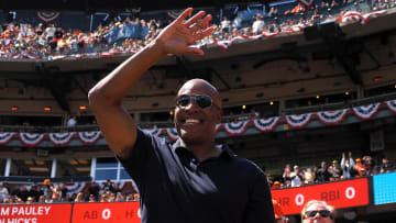 Apr 5, 2024; San Francisco, California, USA; Retired San Francisco Giants player Barry Bonds acknowledges fans during the third inning against the San Diego Padres at Oracle Park.