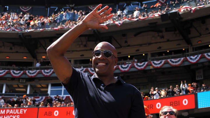 Apr 5, 2024; San Francisco, California, USA; Retired San Francisco Giants player Barry Bonds acknowledges fans during the third inning against the San Diego Padres at Oracle Park.