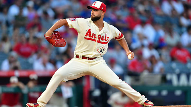 Aug 31, 2022; Anaheim, California, USA; Los Angeles Angels starting pitcher Patrick Sandoval (43)