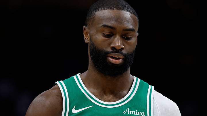 Oct 26, 2025; Detroit, Michigan, USA;  Boston Celtics guard Jaylen Brown (7) reacts in the second half against the Detroit Pistons at Little Caesars Arena. Mandatory Credit: Rick Osentoski-Imagn Images