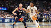 Apr 6, 2025; Tampa, FL, USA; Connecticut Huskies guard Azzi Fudd (35) defends against South Carolina Gamecocks guard MiLaysia Fulwiley (12) during the second half of the national championship of the women's 2025 NCAA tournament at Amalie Arena. Mandatory Credit: Nathan Ray Seebeck-Imagn Images