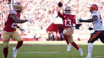 Germaine Pratt of the Cincinnati Bengals intercepts a pass from Brock Purdy of the San Francisco 49ers intended for Elijah Mitchell