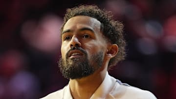Trae Young  #11 of the Atlanta Hawks looks on before the All-Star games.