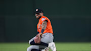 Sep 24, 2025; West Sacramento, California, USA; Houston Astros shortstop Carlos Correa (1) fields a ground ball against the Athletics in the third inning at Sutter Health Park. Mandatory Credit: Cary Edmondson-Imagn Images
