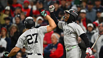 Giancarlo Stanton & Jazz Chisholm Jr. celebrate a home run in the American League Championship Series - New York Yankees v Cleveland Guardians - Game 3