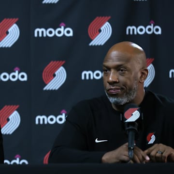 Apr 13, 2025; Portland, Oregon, USA;  Portland Trail Blazers general manager Joe Cronin (left) and Trail Blazers’ head coach Chauncey Billups field questions from the working press before Portland plays their last season game against Los Angeles Lakers at Moda Center. Mandatory Credit: Jaime Valdez-Imagn Images