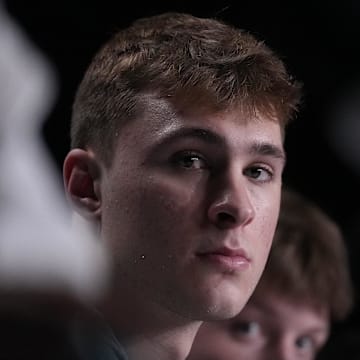 Mar 26, 2025; Newark, NJ, USA;  Duke Blue Devils forward Cooper Flagg (2),  and guard Kon Knueppel (7),  talk to the media at the Prudential Center. Mandatory Credit: Robert Deutsch-Imagn Images