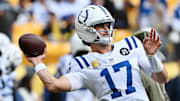 Nov 2, 2025; Pittsburgh, Pennsylvania, USA; Indianapolis Colts quarterback Daniel Jones (17) warms up before the game against the Pittsburgh Steelers at Acrisure Stadium. Mandatory Credit: Barry Reeger-Imagn Images