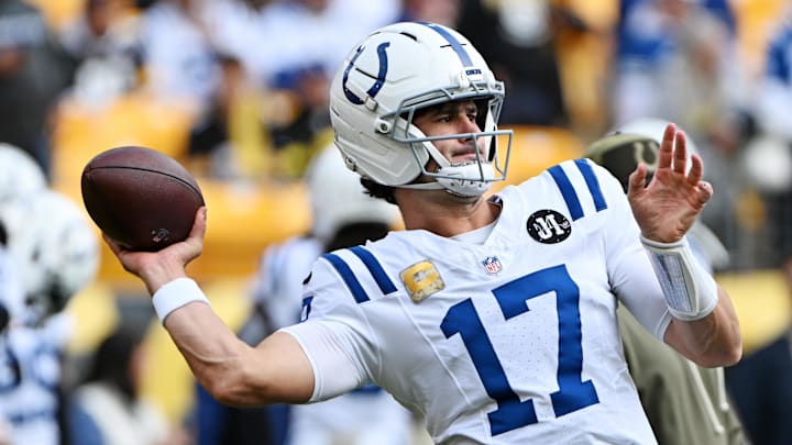 Nov 2, 2025; Pittsburgh, Pennsylvania, USA; Indianapolis Colts quarterback Daniel Jones (17) warms up before the game against the Pittsburgh Steelers at Acrisure Stadium. Mandatory Credit: Barry Reeger-Imagn Images