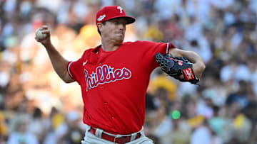 Oct 19, 2022; San Diego, California, USA; Philadelphia Phillies starting pitcher Kyle Gibson (44) pitches in the eighth inning against the San Diego Padres during game two of the NLCS for the 2022 MLB Playoffs at Petco Park.