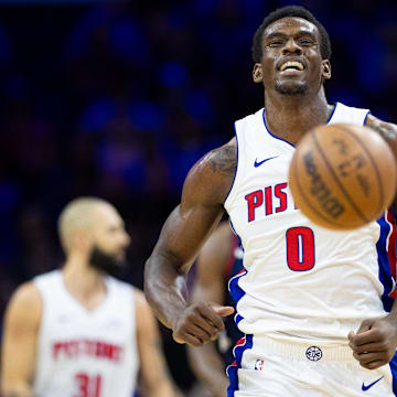 Apr 9, 2024; Philadelphia, Pennsylvania, USA; Detroit Pistons center Jalen Duren (0) reacts after looses control of the ball at mid court against the Philadelphia 76ers during the second quarter at Wells Fargo Center. Mandatory Credit: Bill Streicher-Imagn Images