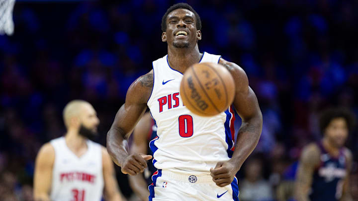 Apr 9, 2024; Philadelphia, Pennsylvania, USA; Detroit Pistons center Jalen Duren (0) reacts after looses control of the ball at mid court against the Philadelphia 76ers during the second quarter at Wells Fargo Center. Mandatory Credit: Bill Streicher-Imagn Images