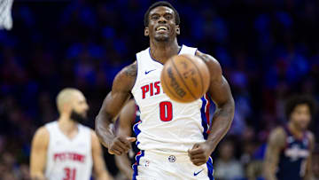 Apr 9, 2024; Philadelphia, Pennsylvania, USA; Detroit Pistons center Jalen Duren (0): Bill Streicher-Imagn Images