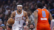 Nov 28, 2025; Oklahoma City, Oklahoma, USA;Phoenix Suns guard Devin Booker (1) dribbles down the court against the Oklahoma City Thunder during the first quarter at Paycom Center. Mandatory Credit: Alonzo Adams-Imagn Images