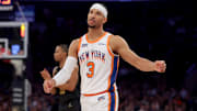 Apr 11, 2025; New York, New York, USA; New York Knicks guard Josh Hart (3) reacts during the fourth quarter against the Cleveland Cavaliers at Madison Square Garden. Mandatory Credit: Brad Penner-Imagn Images