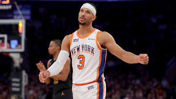 Apr 11, 2025; New York, New York, USA; New York Knicks guard Josh Hart (3) reacts during the fourth quarter against the Cleveland Cavaliers at Madison Square Garden. Mandatory Credit: Brad Penner-Imagn Images