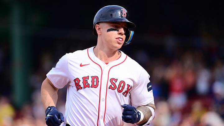 Aug 25, 2024; Boston, Massachusetts, USA; Boston Red Sox left fielder Tyler O'Neill (17) runs the bases after hitting a home run during the ninth inning against the Arizona Diamondbacks at Fenway Park. Mandatory Credit: Eric Canha-Imagn Images