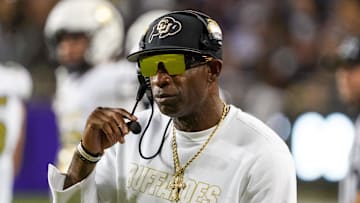 Oct 4, 2025; Fort Worth, Texas, USA; Colorado Buffaloes head coach Deion Sanders on the sidelines during the first half against the TCU Horned Frogs at Amon G. Carter Stadium. Mandatory Credit: Raymond Carlin III-Imagn Images