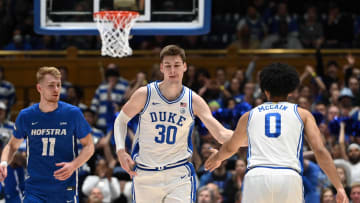 Dec 12, 2023; Durham, North Carolina, USA; Duke basketball forward Kyle Filipowski and guard Jared McCain