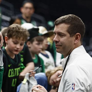 Apr 23, 2025; Boston, Massachusetts, USA; Brad Stevens, president of basketball operations signs autographs before game 2 of first round of the 2024 NBA Playoffs against the Orlando Magic at TD Garden. Mandatory Credit: Winslow Townson-Imagn Images