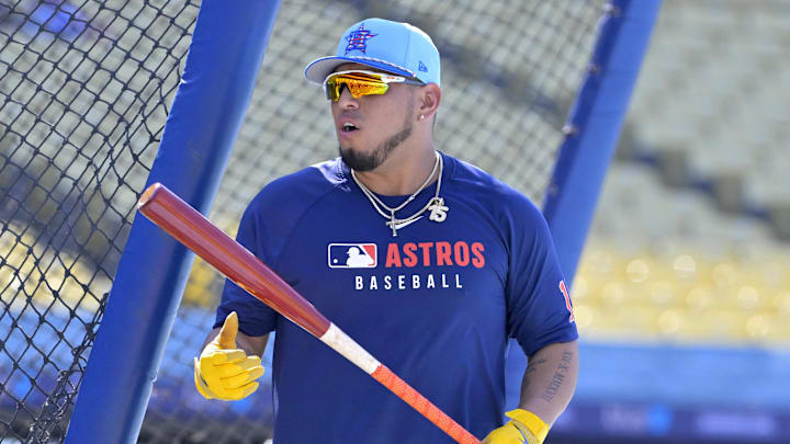 Jul 4, 2025; Los Angeles, California, USA;  Houston Astros third baseman Isaac Paredes (15) warms up prior to the game against the Los Angeles Dodgers at Dodger Stadium. Mandatory Credit: Jayne Kamin-Oncea-Imagn Images