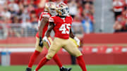 Aug 23, 2025; Santa Clara, California, USA; San Francisco 49ers linebacker Nick Martin (45) celebrates after forcing a fumble during the third quarter against the Los Angeles Chargers at Levi's Stadium. Mandatory Credit: Sergio Estrada-Imagn Images