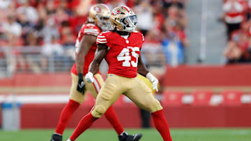 Aug 23, 2025; Santa Clara, California, USA; San Francisco 49ers linebacker Nick Martin (45) celebrates after forcing a fumble during the third quarter against the Los Angeles Chargers at Levi's Stadium. Mandatory Credit: Sergio Estrada-Imagn Images