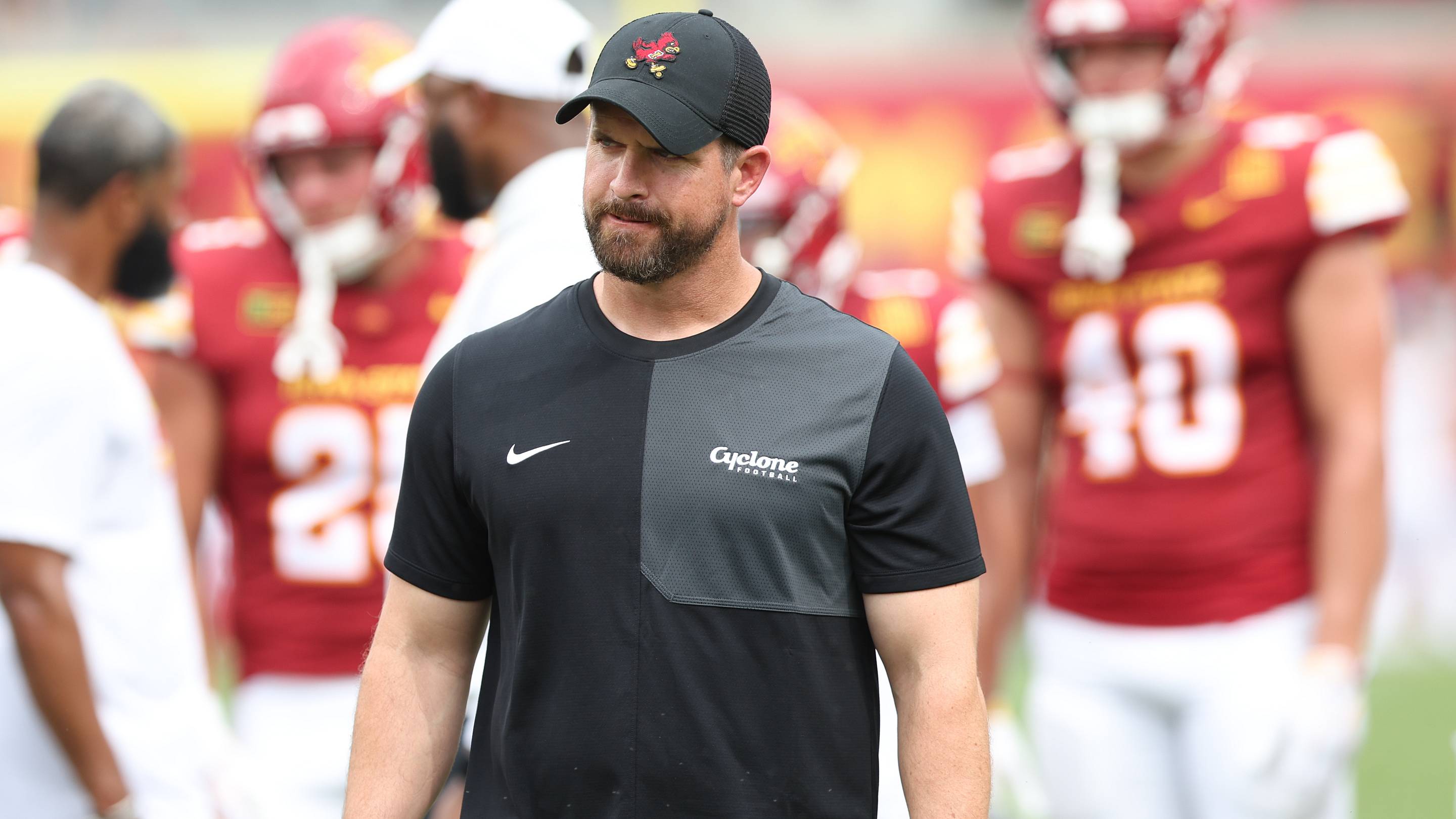 Sep 5, 2026; Ames, Iowa, USA; Iowa State Cyclones head coach Jimmy Rogers watches his teams pre-game routine before their game with the Southeast Missouri State Redhawks at Jack Trice Stadium. Mandatory Credit: Reese Strickland-Imagn Images | IMAGN IMAGES via Reuters Connect