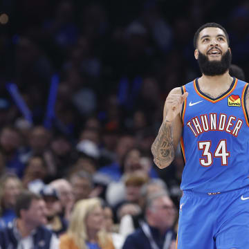 Dec 26, 2023; Oklahoma City, Oklahoma, USA; Oklahoma City Thunder forward Kenrich Williams (34) celebrates after scoring against the Minnesota Timberwolves during the second half at Paycom Center. Mandatory Credit: Alonzo Adams-USA TODAY Sports