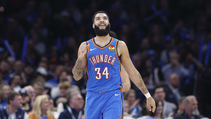 Dec 26, 2023; Oklahoma City, Oklahoma, USA; Oklahoma City Thunder forward Kenrich Williams (34) celebrates after scoring against the Minnesota Timberwolves during the second half at Paycom Center. Mandatory Credit: Alonzo Adams-USA TODAY Sports