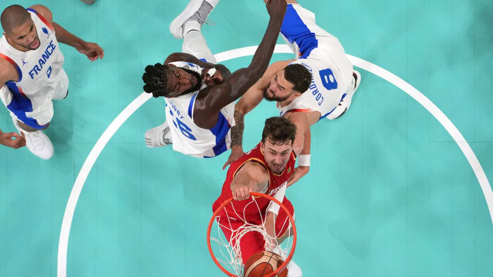 Aug 2, 2024: Germany guard Franz Wagner dunks against France shooting guard Isaia Cordinier and center Mathias Lessort in the second half in a men’s group B basketball game during the Paris 2024 Olympic Summer Games,