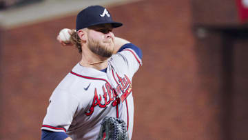 Sep 12, 2022; San Francisco, California, USA; Atlanta Braves relief pitcher AJ Minter (33) pitches the ball against the San Francisco Giants during the eighth inning at Oracle Park. Mandatory Credit: Kelley L Cox-Imagn Images